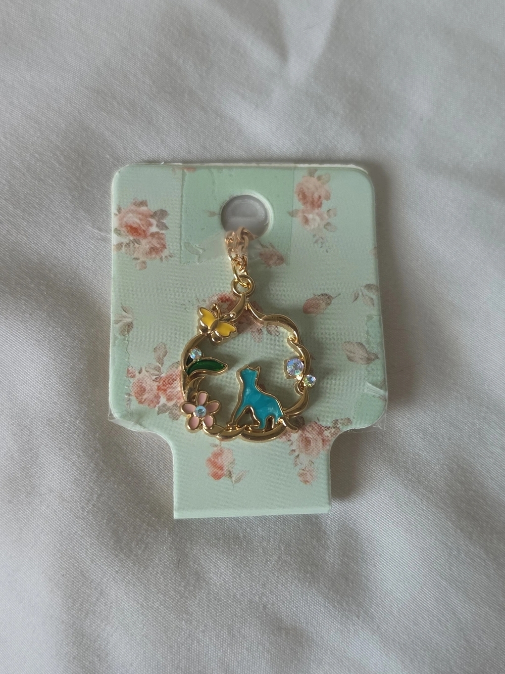 Gold-Tone Cat and Floral Enamel Charm - Teal & Pastels